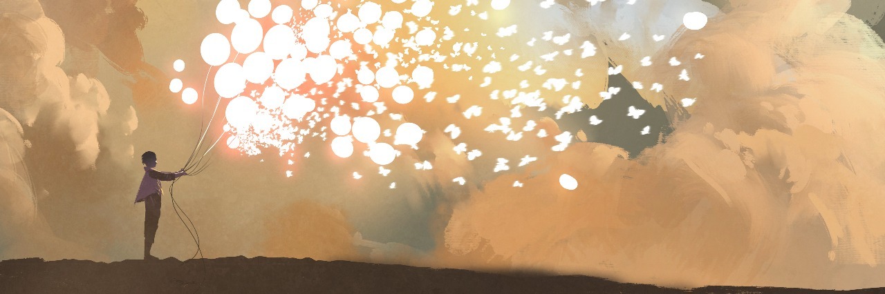 Reclaiming My Passion for Writing Helped My Depression Recovery man releasing glowing balloons and butterflies flock in the sky,illustration painting
