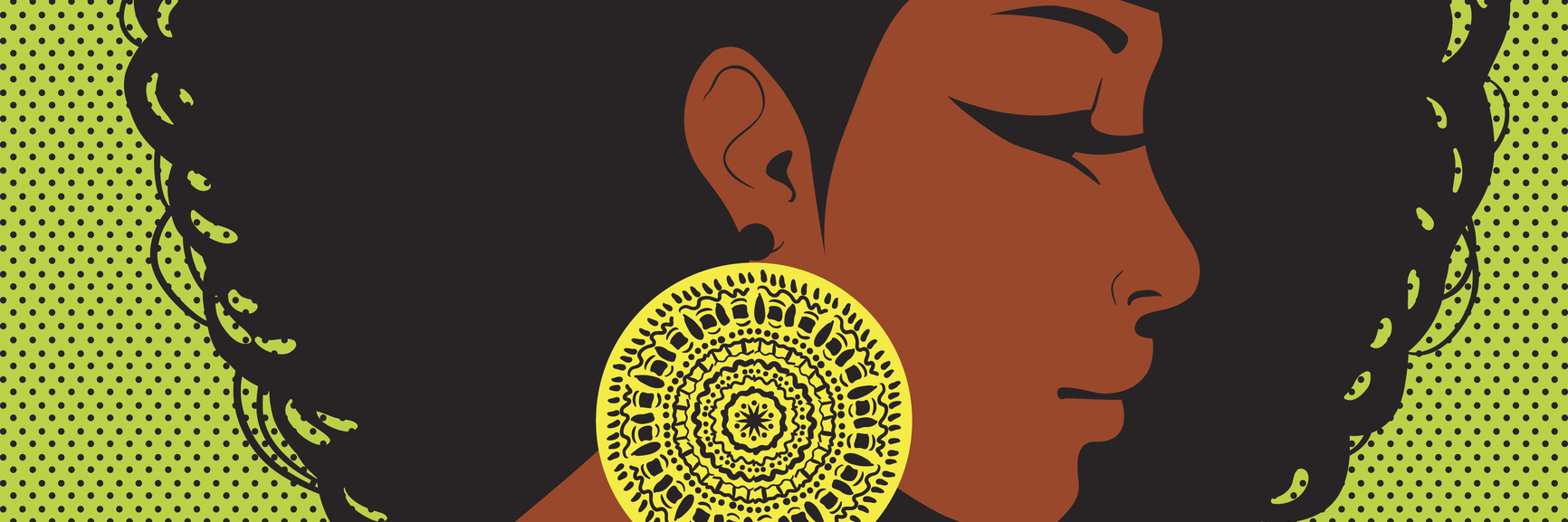 profile silhouette, African-American woman with hair in the style of disco, ear ornament in ethnic style