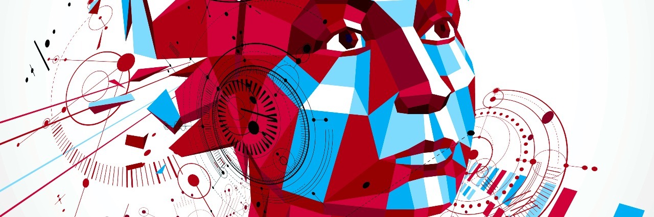 What Everyday Anxiety Looks Like for Me Communication technology 3d vector background made with engineering draft elements and mechanism parts, science subject. Low poly illustration of human head full of thoughts, intelligence allegory.