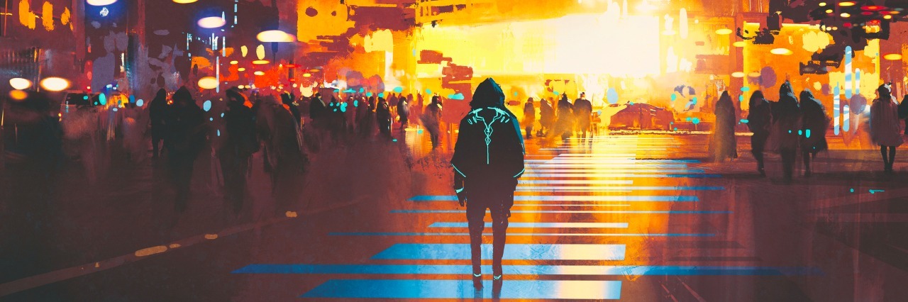 man standing on street looking at futuristic city at night, sci-fi concept, illustration painting