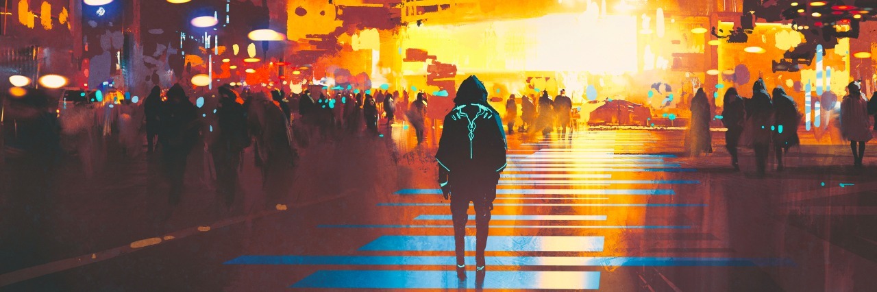 What Nights With Depression Feel Like man standing on street looking at futuristic city at night, sci-fi concept, illustration painting