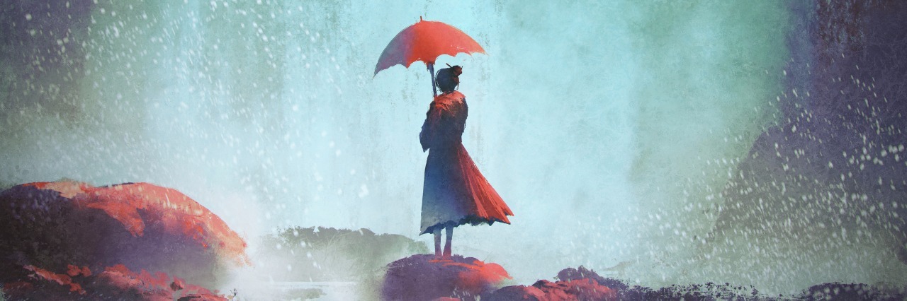 Emotional Aspects of Multiple Chemical Sensitivity (MCS) illustration of woman holding an umbrella and standing on rocks under a waterfall