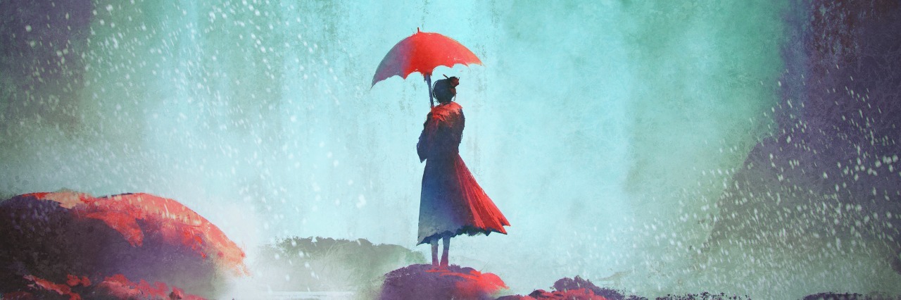 What to Do When Your Bipolar Disorder Makes You Feel Alienated woman with an umbrella standing against waterfall, illustration painting