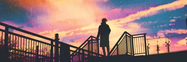 silhouette of man standing on footbridge against colorful sky, illustration painting