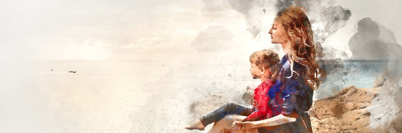 How My Illness Helped Me Have a Closer Relationship With My Mom Digital watercolor painting of a mother and daughter sitting on a rock near the sea.