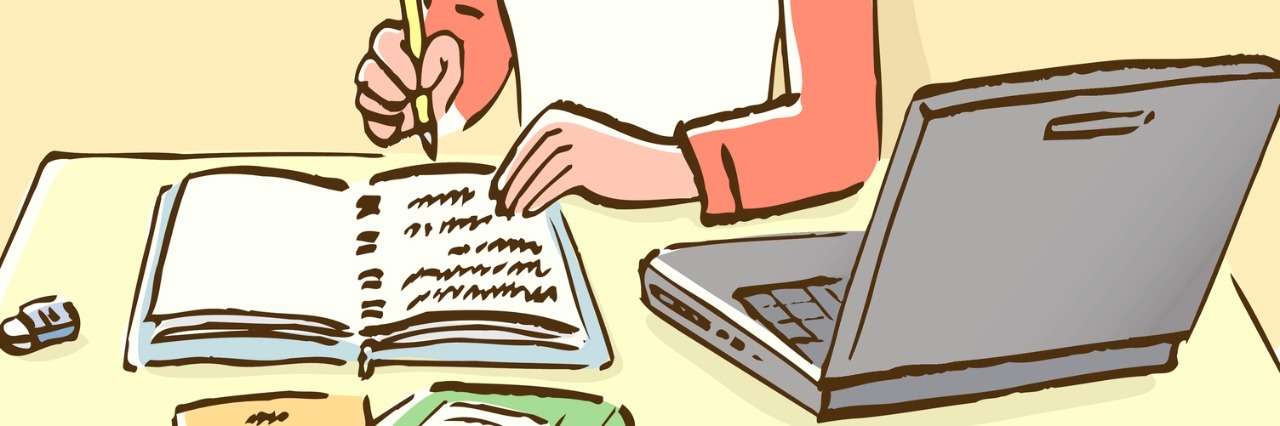 Special Accommodations for Chronic Illness Are Not Perks Woman sitting at desk and writing down on notebook, front view