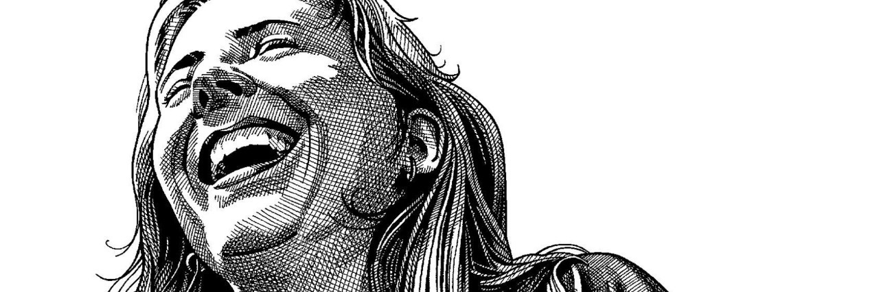 Laughing With Chronic Pain black and white drawing of a woman laughing
