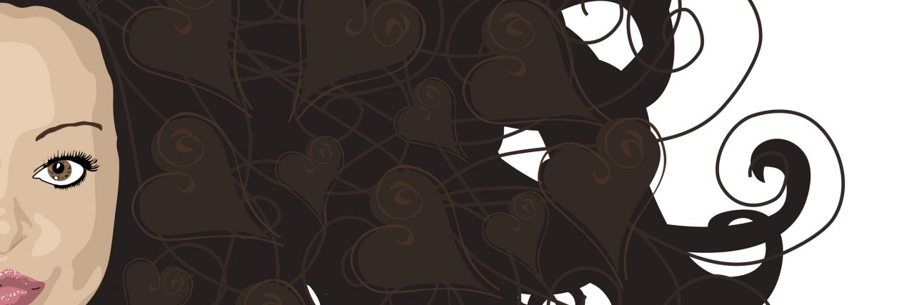 illustration banner of woman with brunette hair and heart highlights