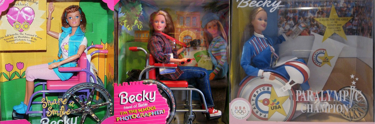 It's Time to Talk About Wheelchair Barbie Becky wheelchair doll banner showing Share a Smile, School Photographer and Paralympic Becky.