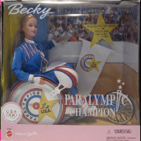 Becky wheelchair doll banner showing Share a Smile, School Photographer and Paralympic Becky.