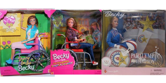 It's Time to Talk About Wheelchair Barbie Becky wheelchair doll banner showing Share a Smile, School Photographer and Paralympic Becky.