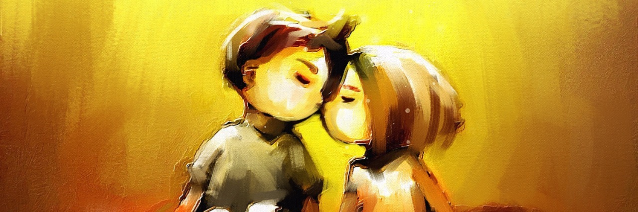 Things I've Learned From Falling in Love, by a Fiancée With Lyme digital painting of young couple sitting on red heart symbol, oil on canvas texture