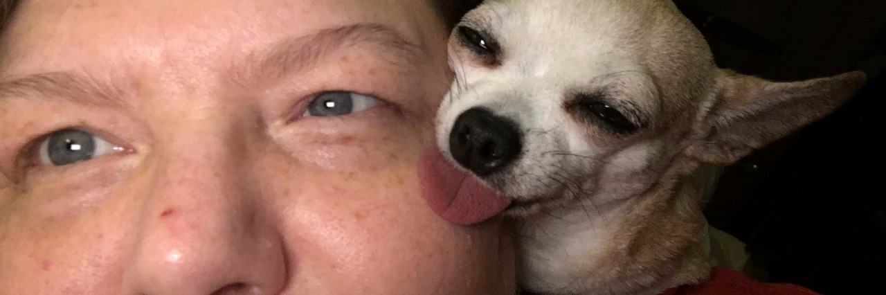 If My Life With CRPS Were a Skit From 'The Muppet Show' service animal lays on woman's face