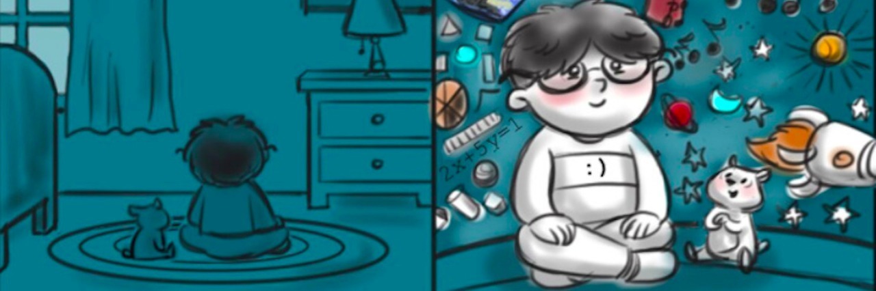 Feeling Relief After My Son's Autism Diagnosis Two photos side by side, one of a boy sitting on the floor of his room, the other of the boy with colorful images around him like a train, butterfly, and Mona Lisa painting