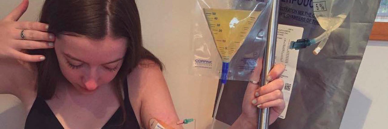 20 Photos People With Illness Want to Post on Facebook but Don't woman with iv pole and tube in stomach