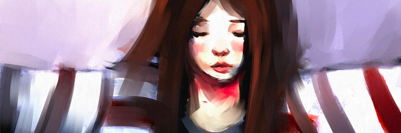 How I Have Learned to Deal With Flashbacks From Trauma digital painting portrait of beautiful girl in striped robe, oil on canvas texture