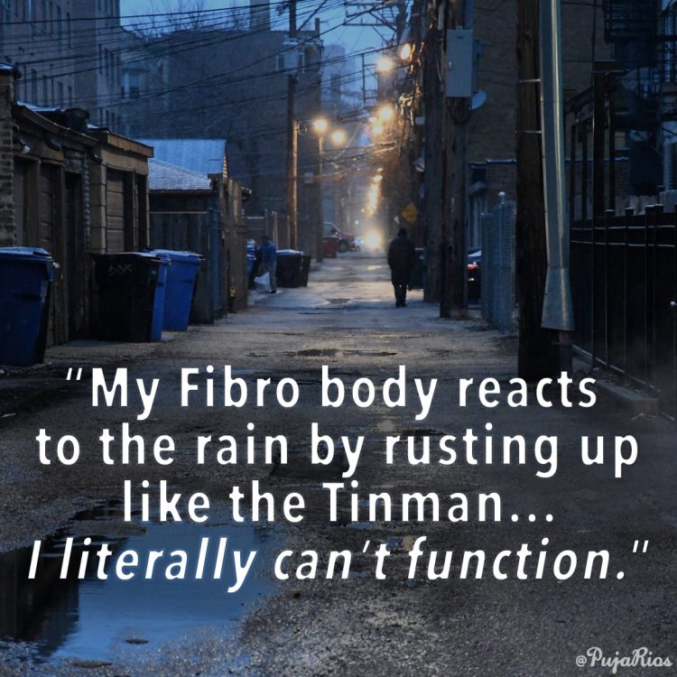 'my fibro body reacts to the rain by rusting up like the tinman... I literally can't function.'