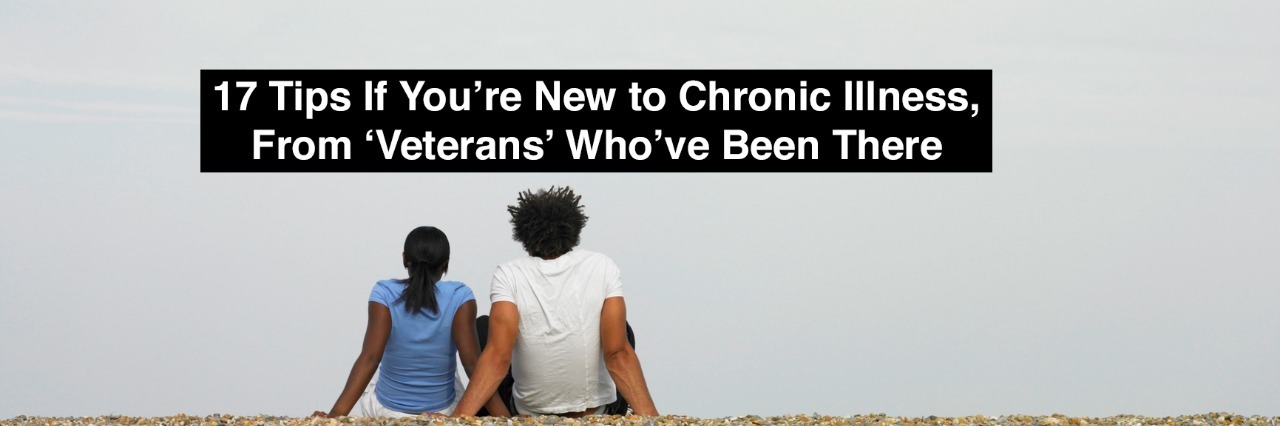 Couple sitting together at beach with text 17 tips if youre new to chronic illness from veterans whove been there