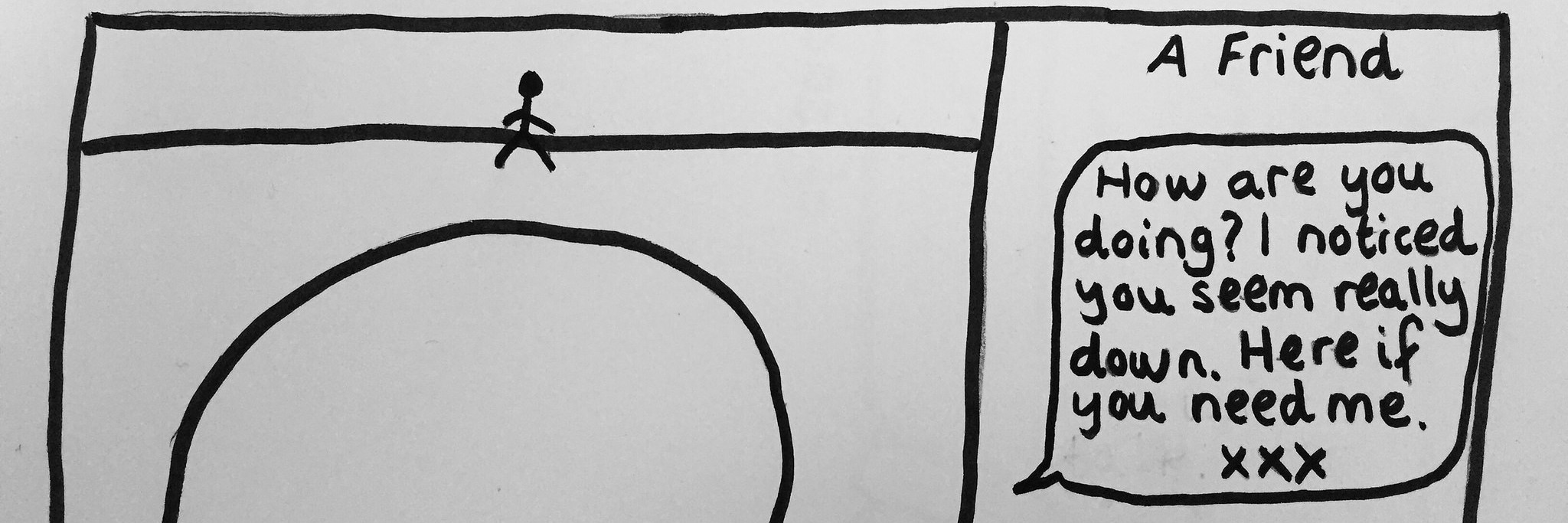 Why Reaching Out Is Important When You Have a Mental Illness doodle of person sitting on bridge, suicide attempt, and receiving a text message from a friend asking if they are OK