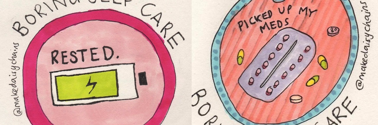 Hannah Daisy Illustrates #BoringSelfCare on Instagram Two images one reads "rested today" other says "picked up my meds"