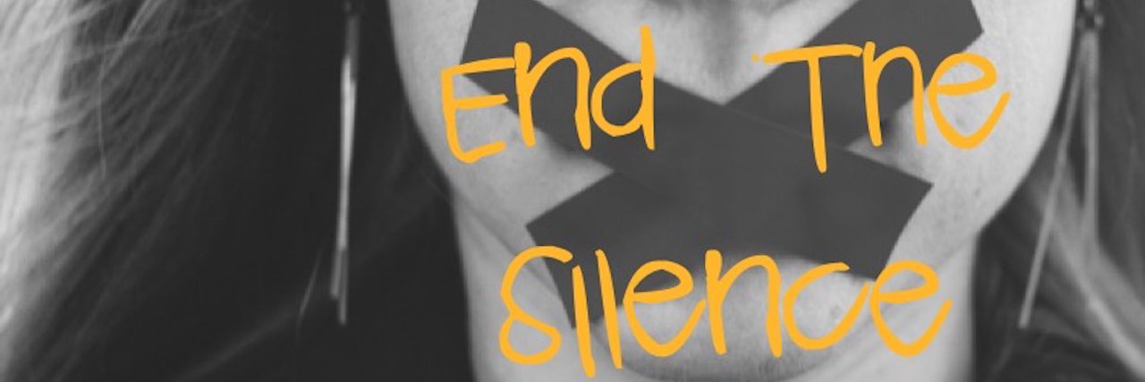 woman with tape over her mouth that says end the silence