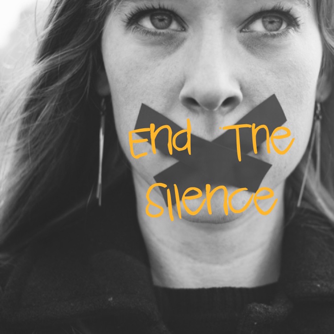 woman with tape over her mouth that says end the silence
