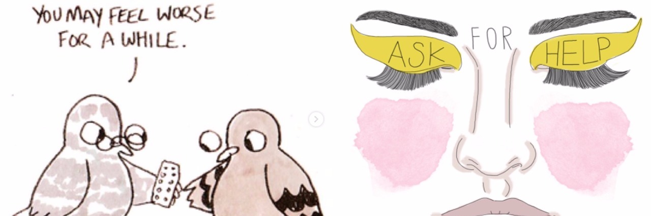 Mental Health Instagram Accounts to Follow Illustration of pigeons and a woman's face with the text "It's OK to ask for help."