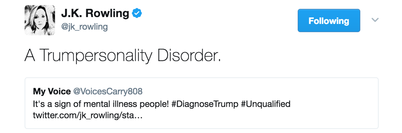 j.k. rowling's tweet about donald trump saying "a trumpersonality disorder"