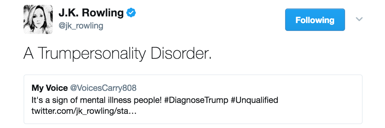 Why J.K. Rowling's Tweet About Donald Trump Matters j.k. rowling's tweet about donald trump saying "a trumpersonality disorder"