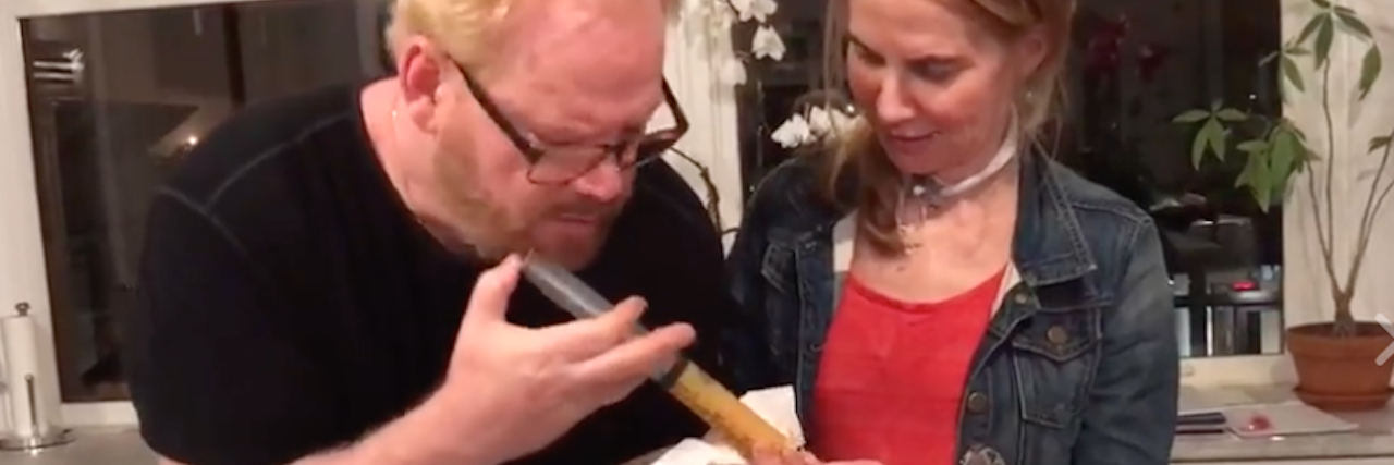 jim gaffigan using a syringe to inject his wife's feeding tube