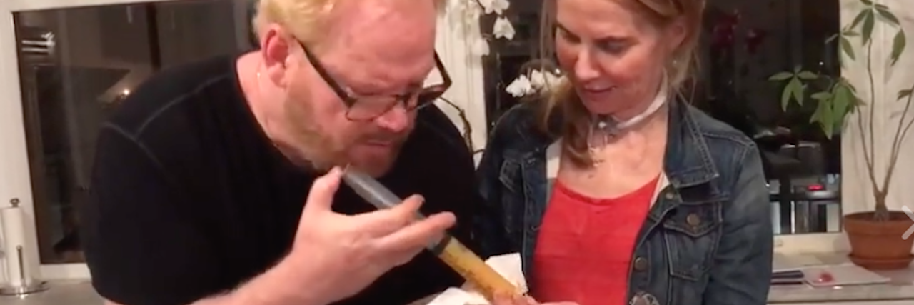 Jim Gaffigan Helped Me Change How I See My Feeding Tube jim gaffigan using a syringe to inject his wife's feeding tube