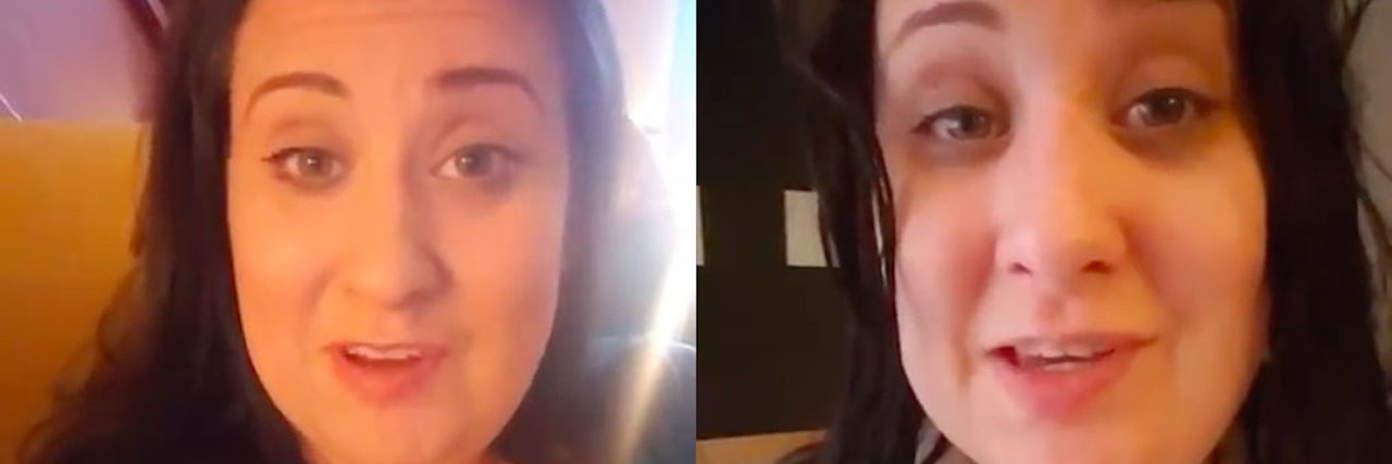 two screenshots of a woman talking in a video