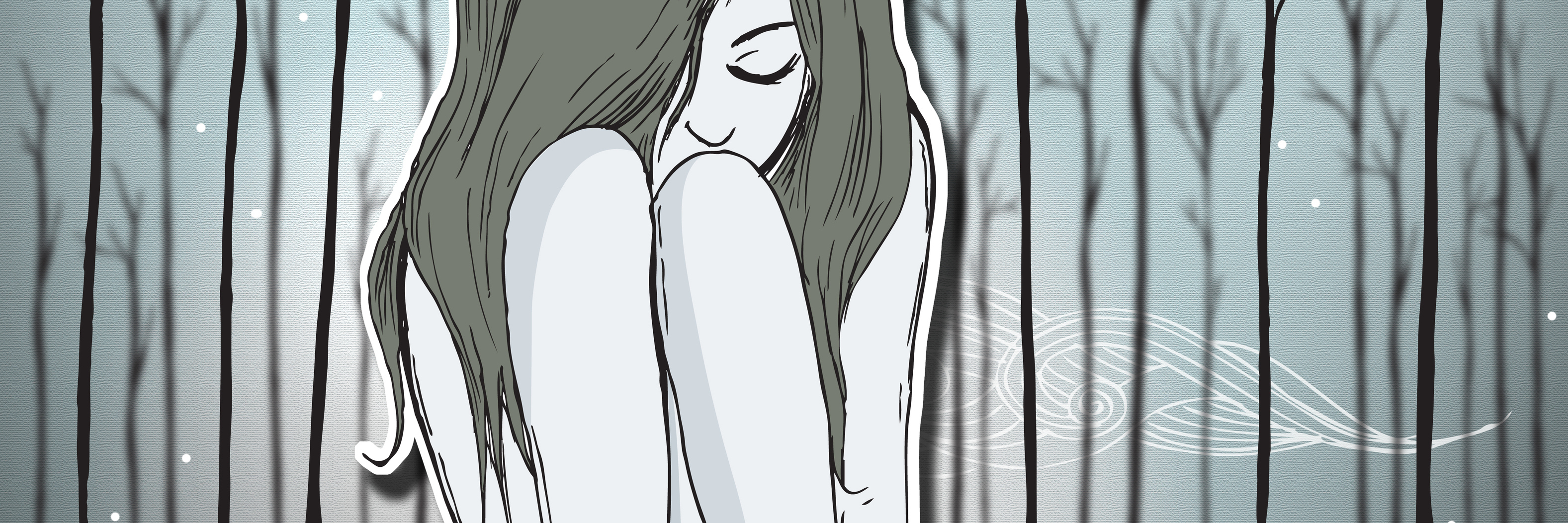 illustration of young woman sitting alone in woods hugging knees