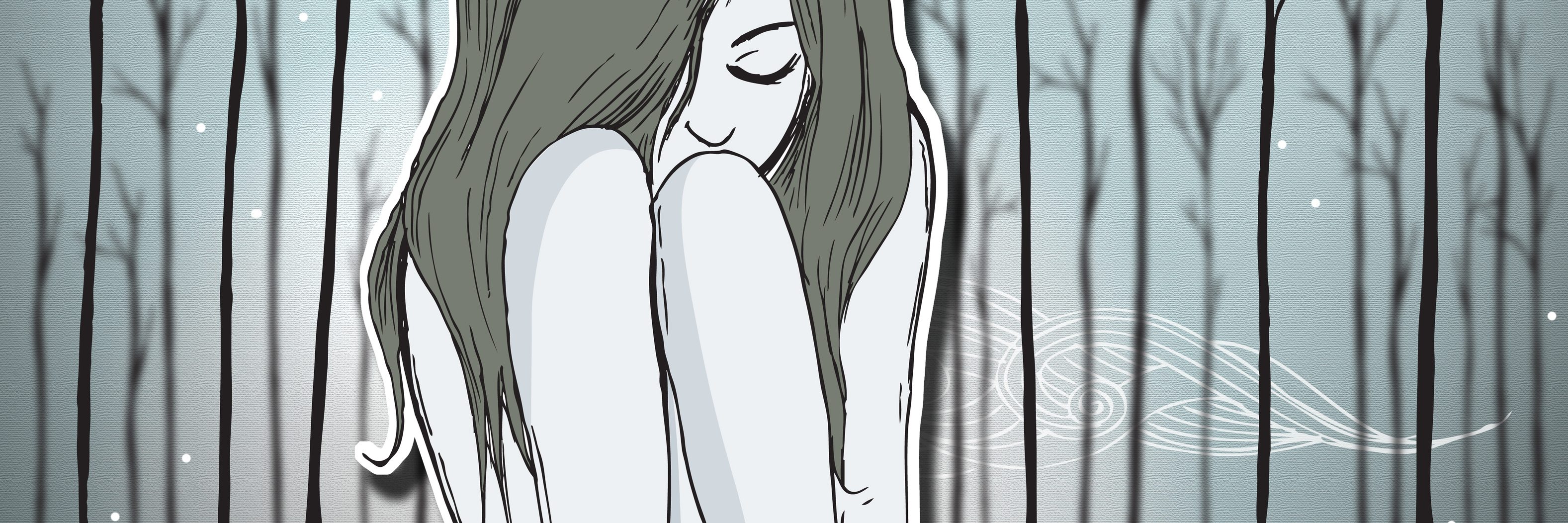 How People Can Help Me With My Battle With Self-Harm illustration of young woman sitting alone in woods hugging knees