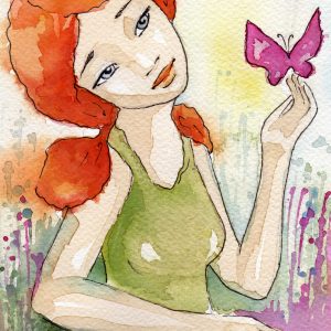 Water colored woman with butterfly on her finger.