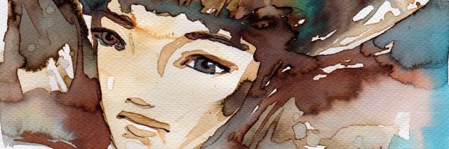 Water color image of a woman with brown hair.