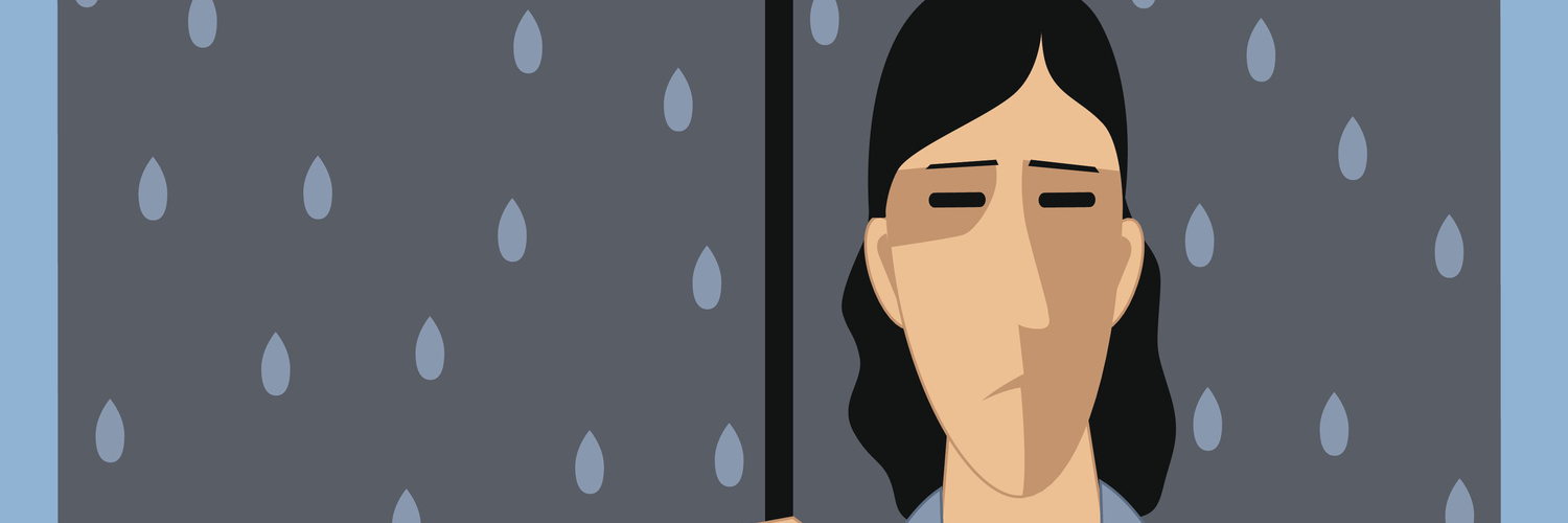 Sad man under umbrella, raining inside, vector cartoon, no transparencies