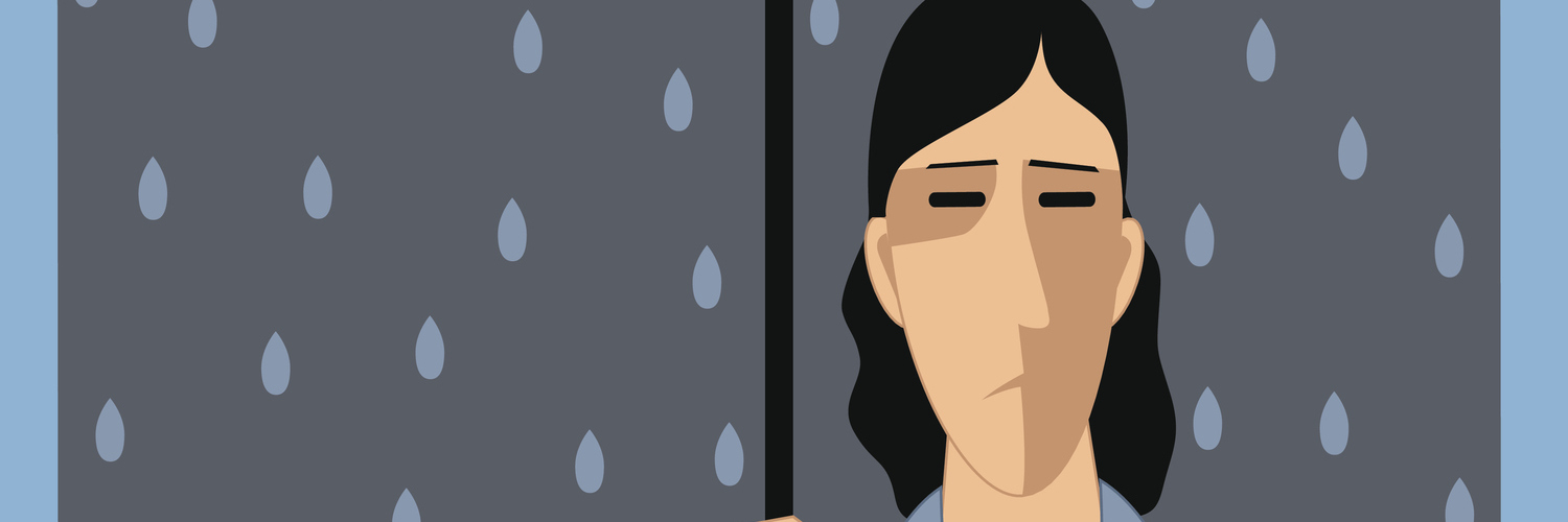 When I Feel the Black Cloud of Borderline Personality Disorder Coming Sad man under umbrella, raining inside, vector cartoon, no transparencies