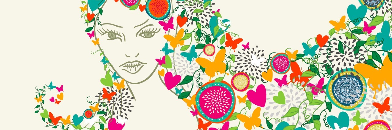 The Tiny Moments of Achievement I Celebrate When Depressed Beautiful woman, flowers and butterfly season hair composition. Vector illustration layered for easy manipulation and custom coloring.