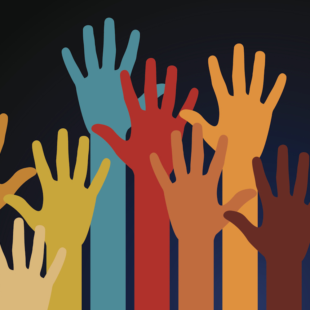 Colorful illustration of raised hands