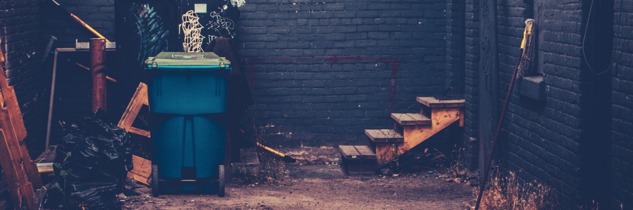 Receiving a Lesson About Anxiety From the Most Unlikely Place image of grungy alley with garbage and no parking sign