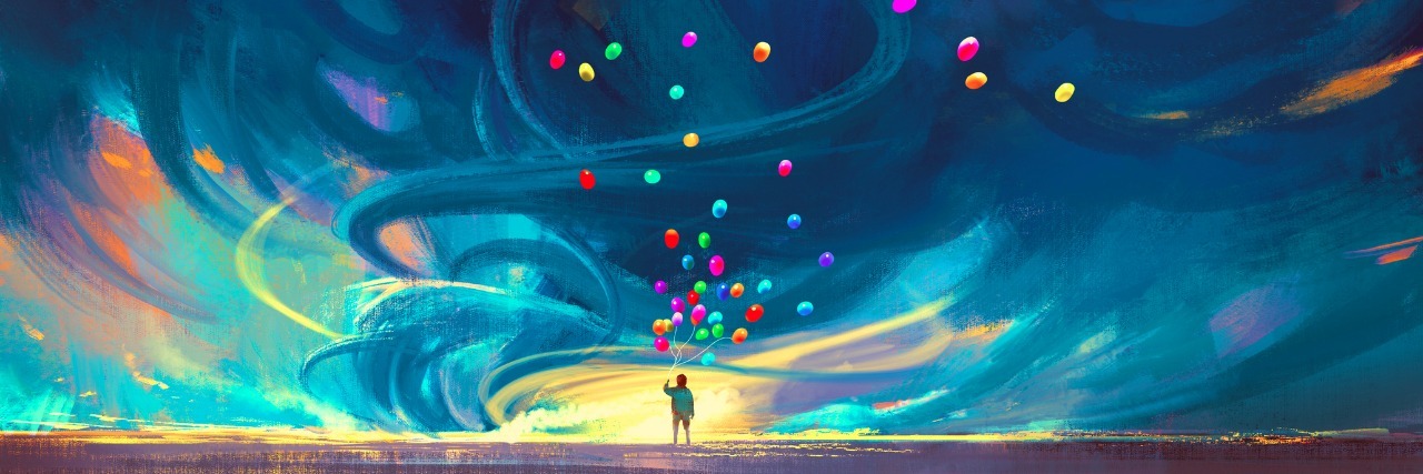 child holding balloons standing in front of fantasy storm,illustration painting