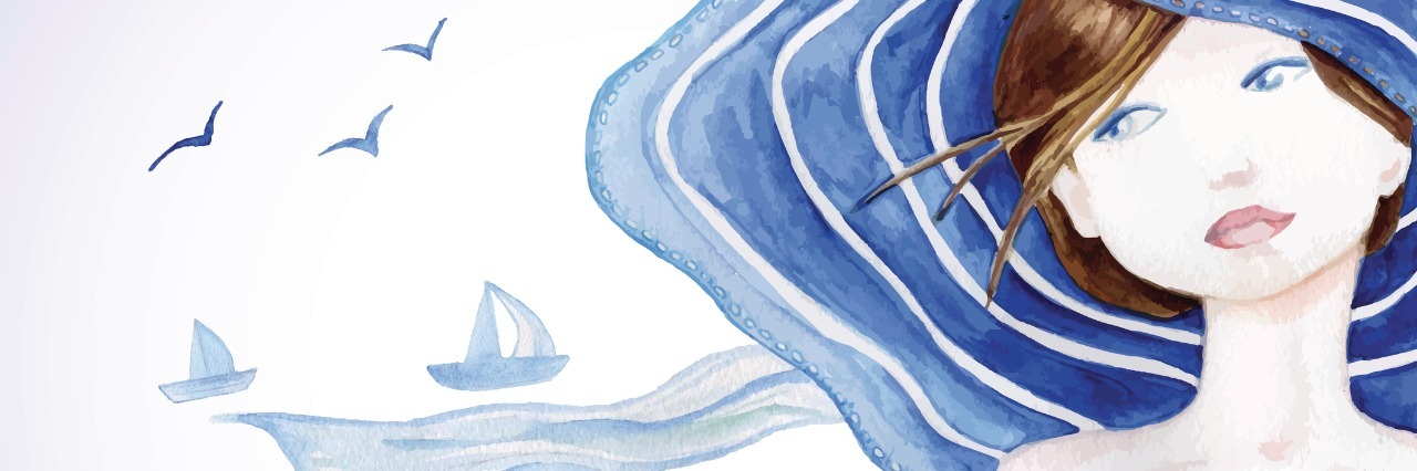 How My Mother Taught Me to Live With My Chronic Illness Woman with blue sunhat on, water colored,with flying birds in the background.