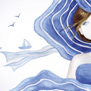 Woman with blue sunhat on, water colored,with flying birds in the background.