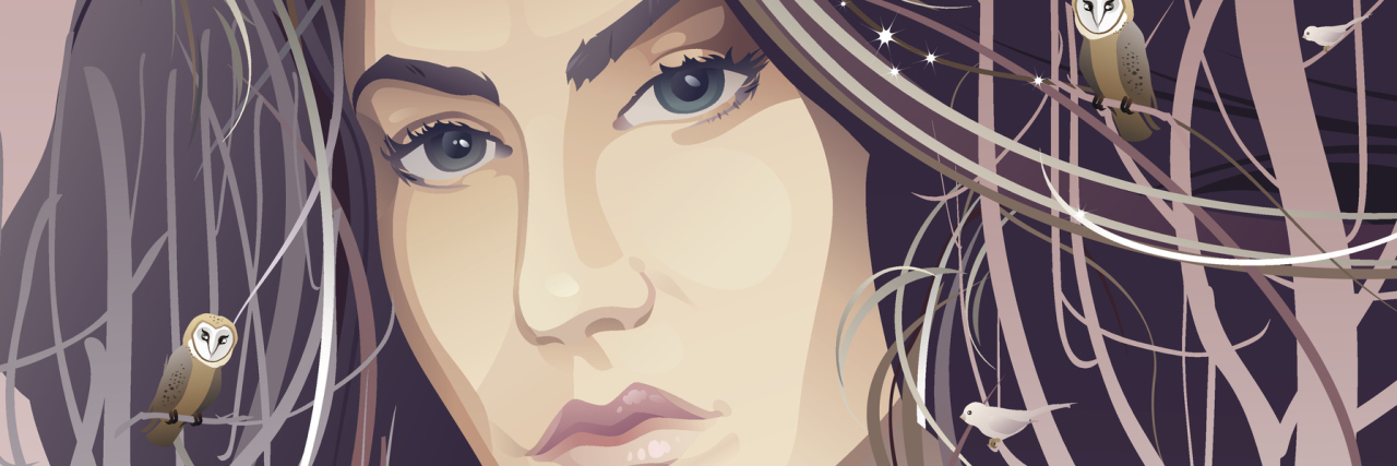 Breaking Up When You Have Borderline Personality Disorder Vector illustration of a beautiful young woman in a forest. Her hair is made of tree branches and the night sky, with owls perche there. A fox stands at her chest.