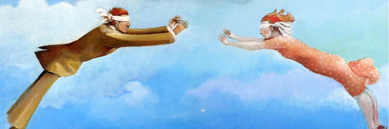 illustration of two people wearing blindfolds and falling off a cliff facing each other to try and form a bridge