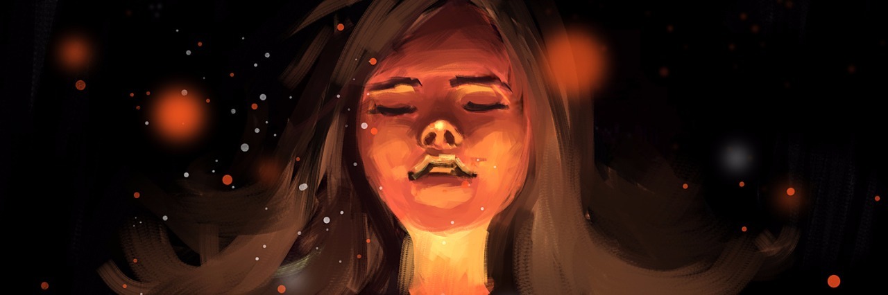 Digital painting of a girl with light around her, with her heart also lit up.