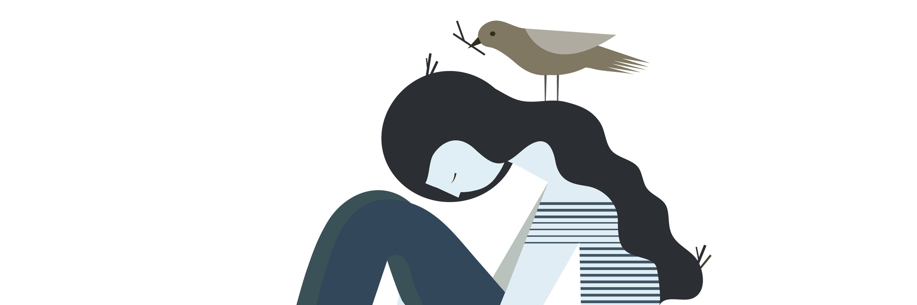 illustration of woman curled up with birds around her