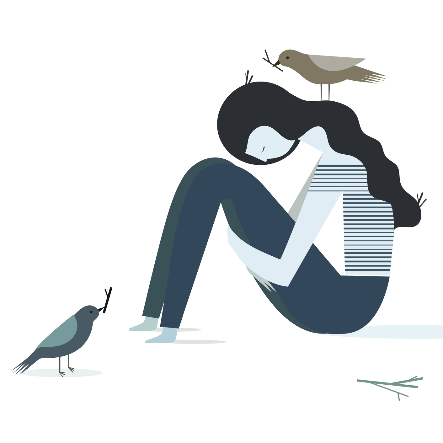 illustration of woman curled up with birds around her