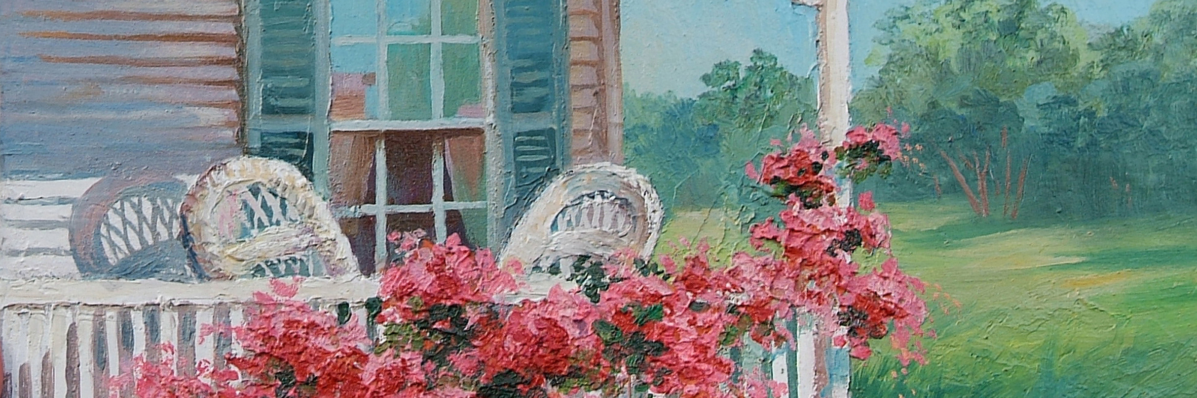 Oil painting of a house, with blue shutters and white chairs on porch.